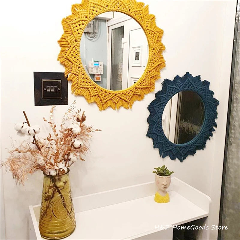 Bohemia Macrame Handmade Makeup Decorative Mirror Wall Tapestry For Bedroom Livingroom Bathroom Home Decor Shower Round Mirrors