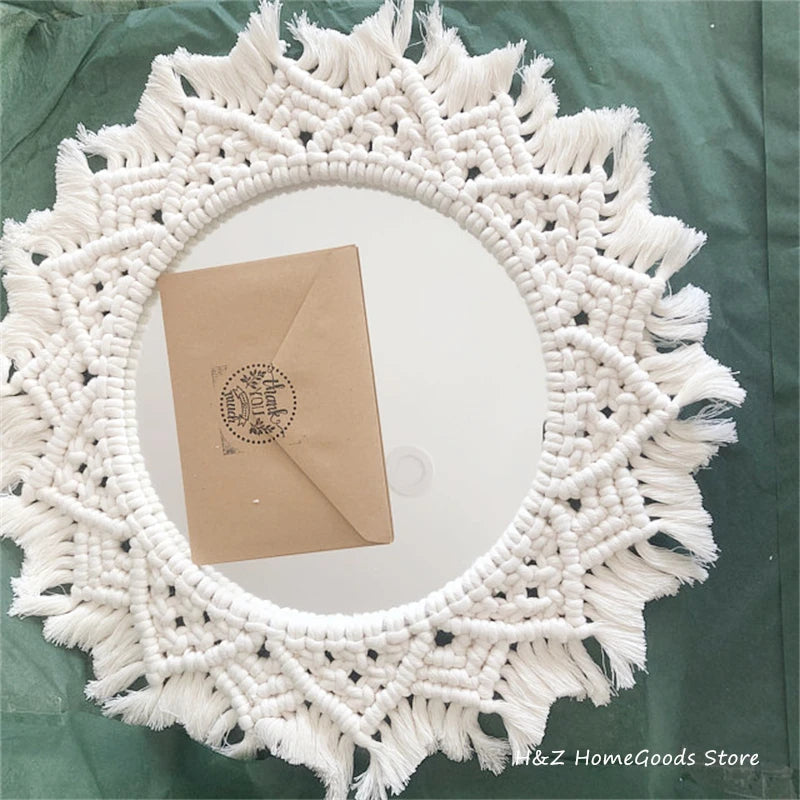 Bohemia Macrame Handmade Makeup Decorative Mirror Wall Tapestry For Bedroom Livingroom Bathroom Home Decor Shower Round Mirrors