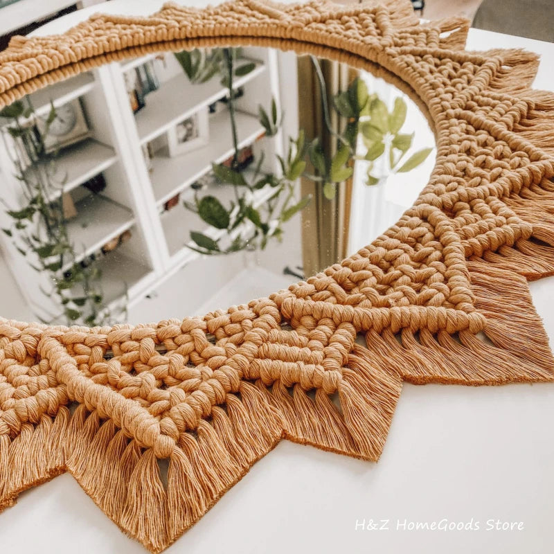 Bohemia Macrame Handmade Makeup Decorative Mirror Wall Tapestry For Bedroom Livingroom Bathroom Home Decor Shower Round Mirrors