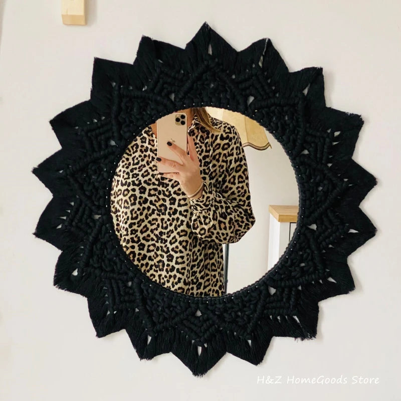 Bohemia Macrame Handmade Makeup Decorative Mirror Wall Tapestry For Bedroom Livingroom Bathroom Home Decor Shower Round Mirrors