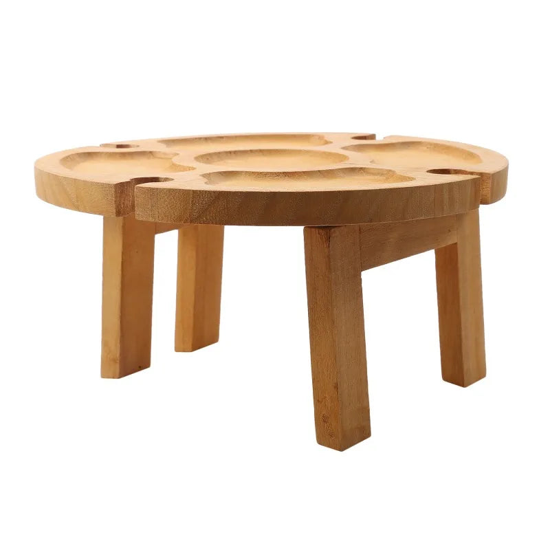 1Pc Wooden Round Foldable Tables Dried Fruit Tray With Wine Glass Holder For Outdoor Picnic Garden Party Fruit Snack Pastry Tray