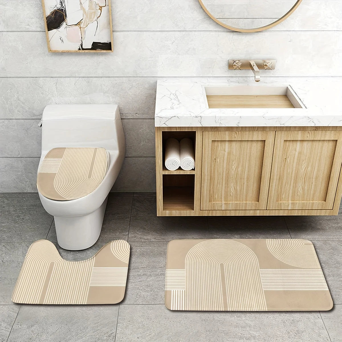 3 Piece Scandinavian Bathroom Mat Set - Non-Slip Washable Rug with Toilet Seat Cover and Contour Mat for Bathroom Decor