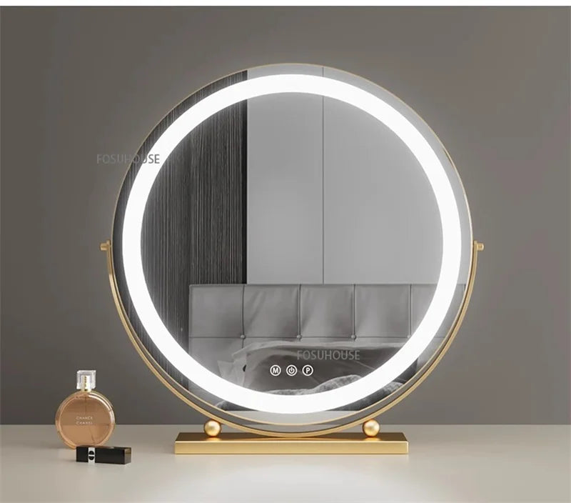 Modern Bedroom Dressing Table Round Mirrors Light Luxury Makeup Mirror with LED Light Desktop Fill Light Charging Smart Mirror