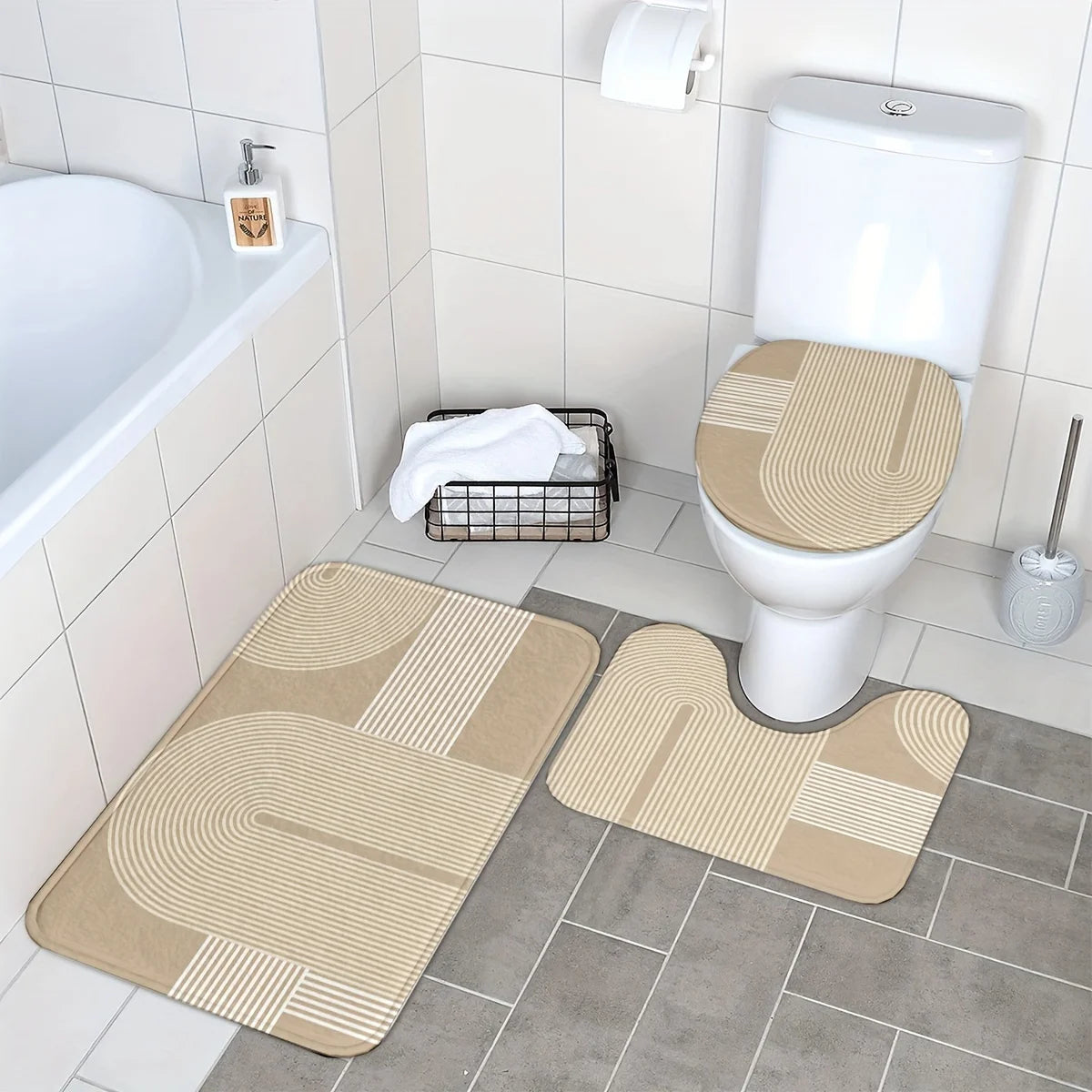 3 Piece Scandinavian Bathroom Mat Set - Non-Slip Washable Rug with Toilet Seat Cover and Contour Mat for Bathroom Decor