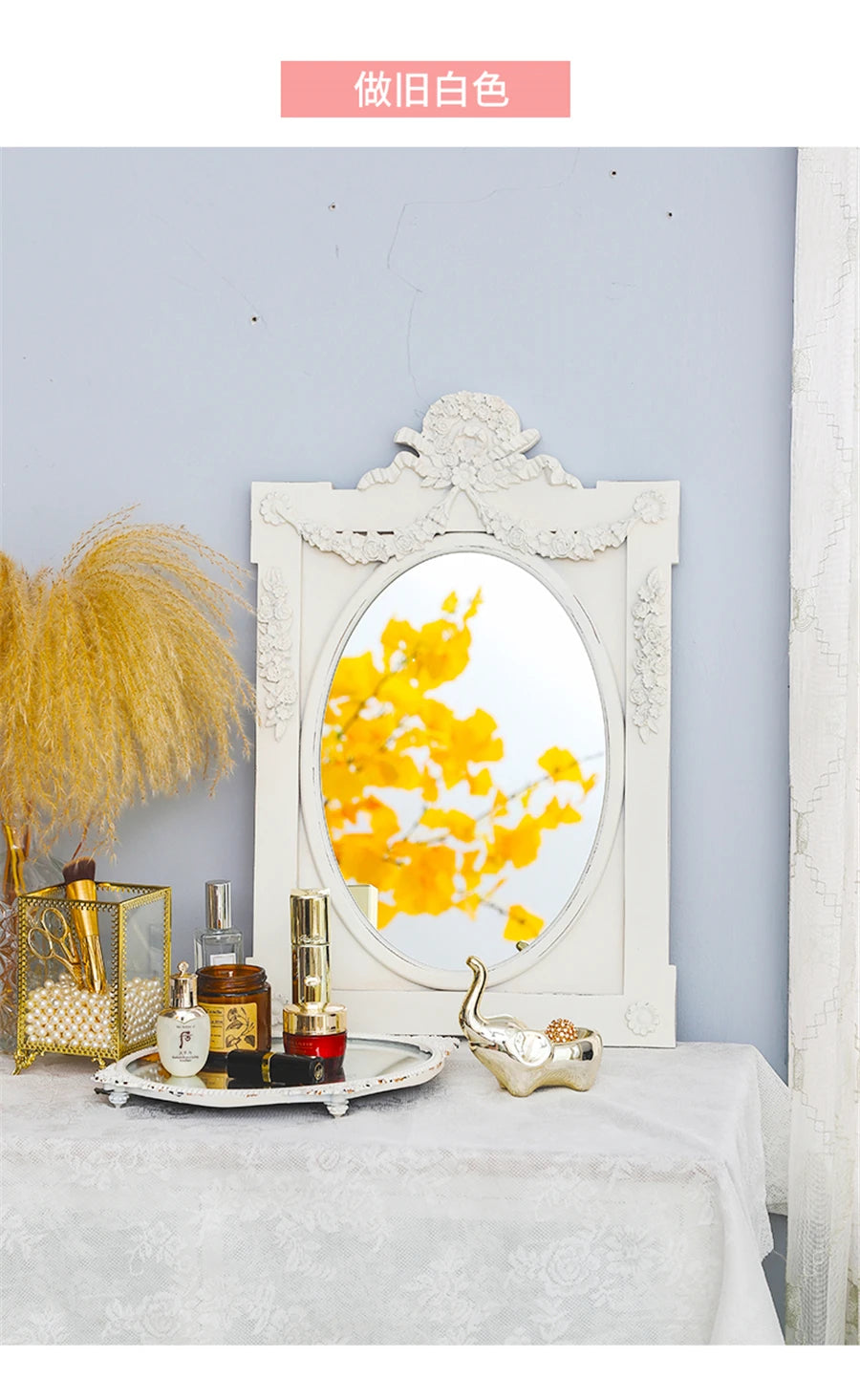 French Retro Makeup Mirror Dressing Table Pink Princess Decorative Mirror Wooden Resin Hand-carved Wall Mirror Wall Home Decor