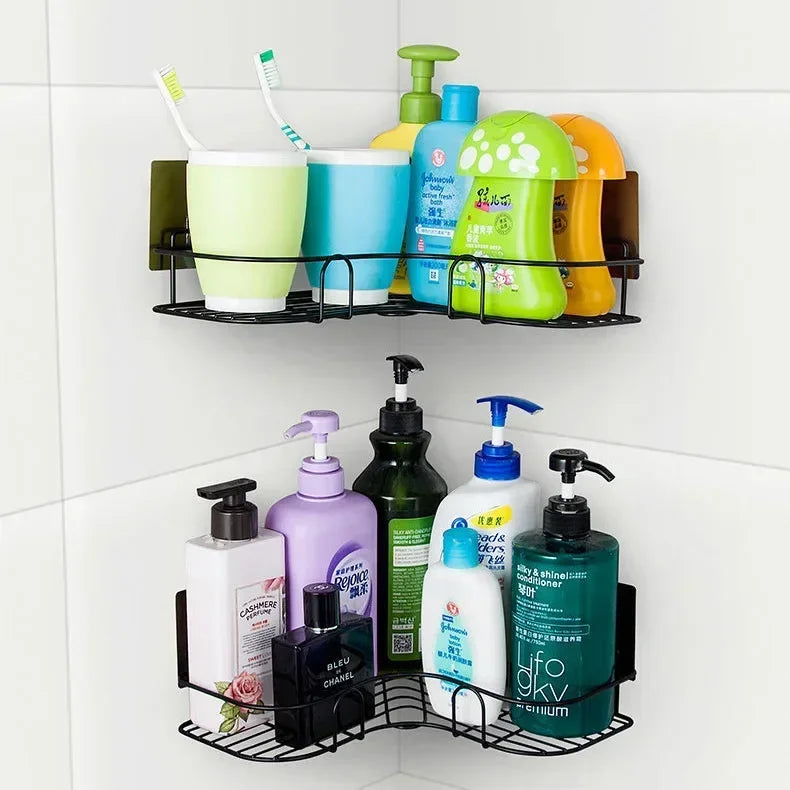 Corner StoraBathroom Organizer Shelf Wall Mounted Corner Storage Shelves Shampoo Holder Cosmetic Rack Iron Shower Drain Basket
