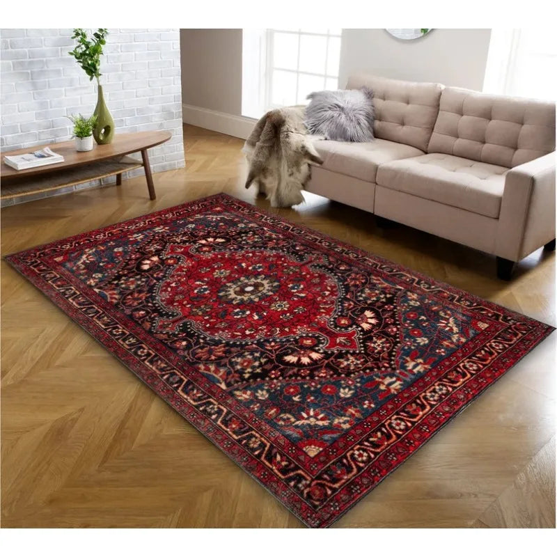 Oriental Medallion Red Area Rug Rustic Mid Century Modern Small Red Dark Blue Carpet Rugs for Living Room Bedroom Dining Room