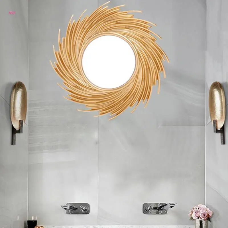 Sun Shape Decorative Mirror Room Background Wall Decorative Mirror Rattan Innovative Art Decoration Round Makeup Mirror