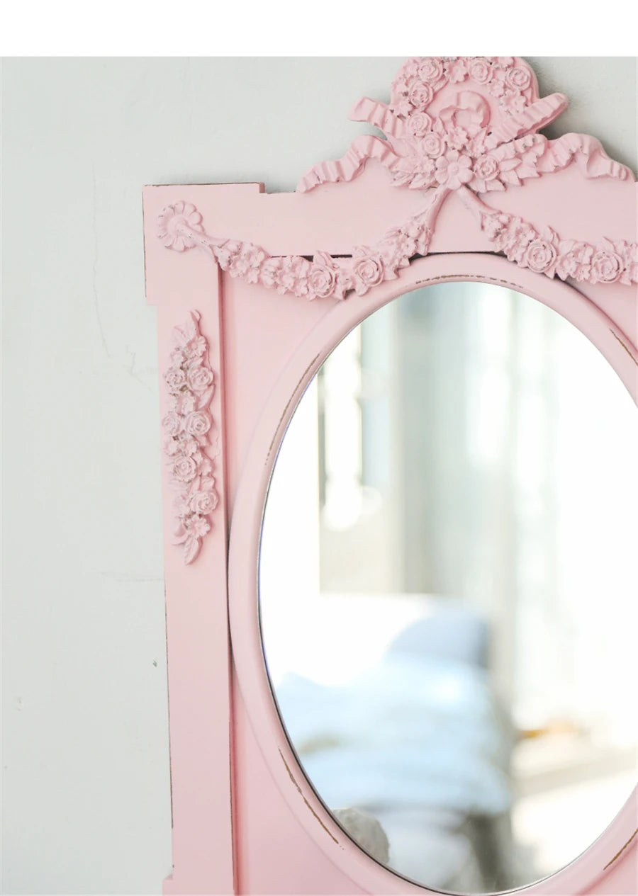 French Retro Makeup Mirror Dressing Table Pink Princess Decorative Mirror Wooden Resin Hand-carved Wall Mirror Wall Home Decor
