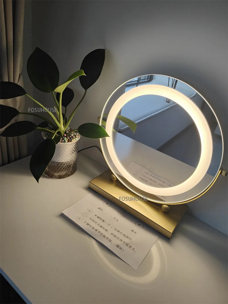Modern Bedroom Dressing Table Round Mirrors Light Luxury Makeup Mirror with LED Light Desktop Fill Light Charging Smart Mirror