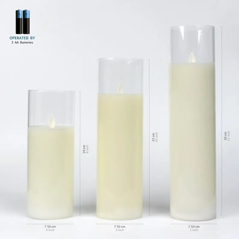 LED Candles with Remote Control Cycling Timer 8" 10" 12" Glass Flameless Candles Battery Operated Real Wax Pillars Glass