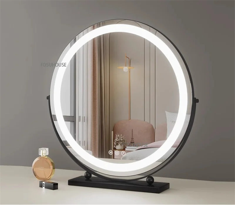 Modern Bedroom Dressing Table Round Mirrors Light Luxury Makeup Mirror with LED Light Desktop Fill Light Charging Smart Mirror