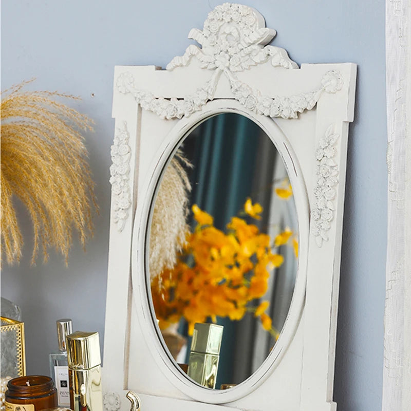 French Retro Makeup Mirror Dressing Table Pink Princess Decorative Mirror Wooden Resin Hand-carved Wall Mirror Wall Home Decor
