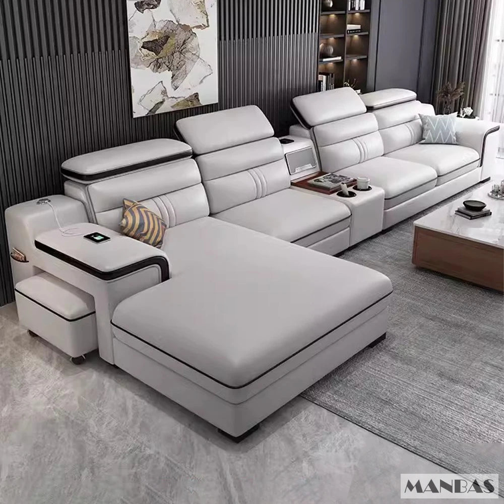 MINGDIBAO Leather Sectional Sofa Set with Cup Holder, USB, Adjustable Headrests & Bluetooth Speaker Living Room Couch with Stool