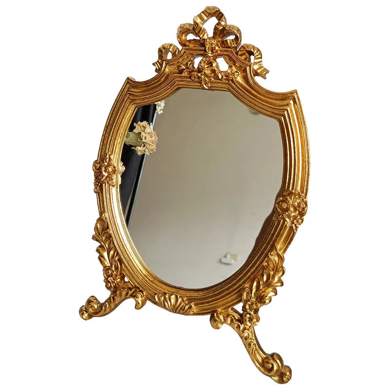 European Style Makeup Mirror Desktop Creative Single-sided Golden Carved Retro Resin Mirror Living Room Wall Decoration Mirror