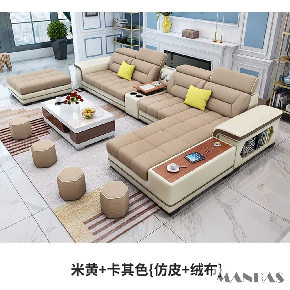 Big U-Shape Coth Living Room Sofa Sets with USB, Speaker, Stools,Bluetooth - Linlamlim Fabric Sectional Sofas for Home Furniture