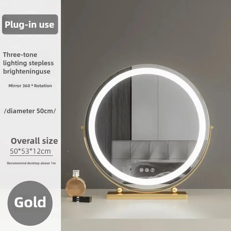 Modern Bedroom Dressing Table Round Mirrors Light Luxury Makeup Mirror with LED Light Desktop Fill Light Charging Smart Mirror