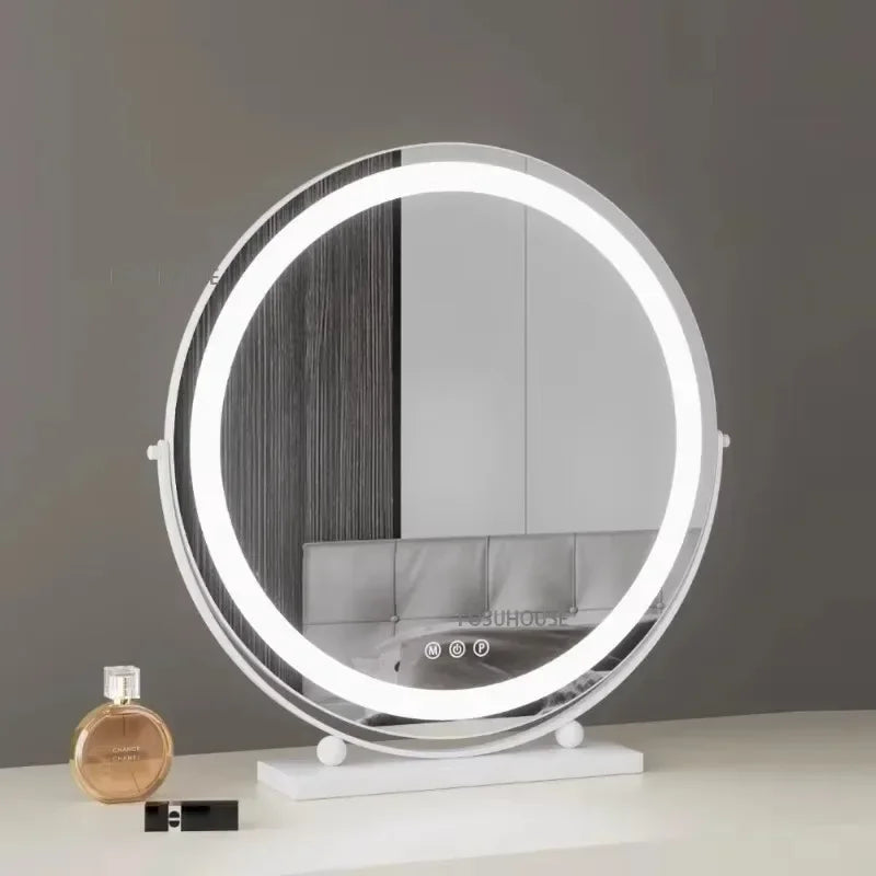 Modern Bedroom Dressing Table Round Mirrors Light Luxury Makeup Mirror with LED Light Desktop Fill Light Charging Smart Mirror