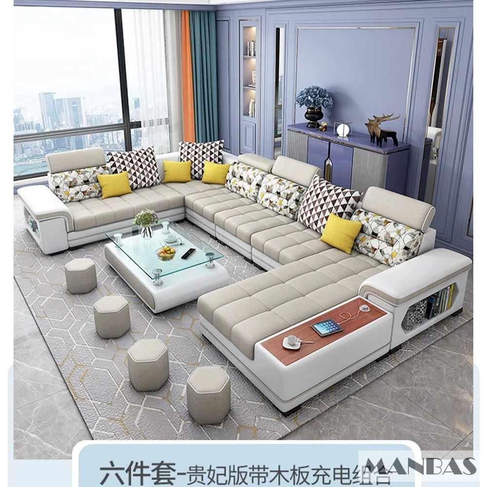 Big U-Shape Coth Living Room Sofa Sets with USB, Speaker, Stools,Bluetooth - Linlamlim Fabric Sectional Sofas for Home Furniture