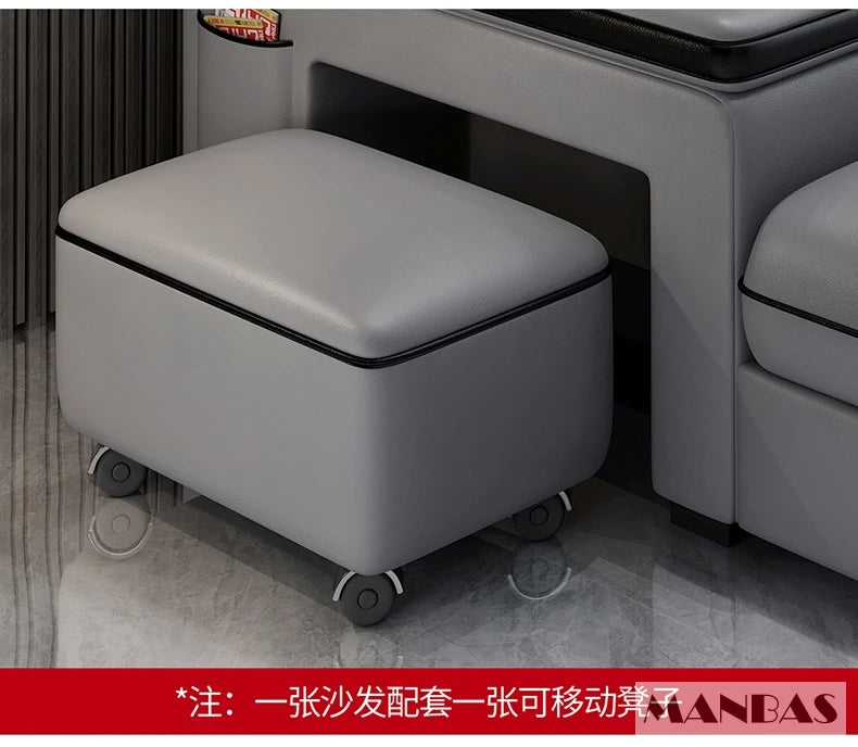 MINGDIBAO Leather Sectional Sofa Set with Cup Holder, USB, Adjustable Headrests & Bluetooth Speaker Living Room Couch with Stool