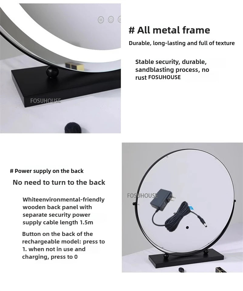 Modern Bedroom Dressing Table Round Mirrors Light Luxury Makeup Mirror with LED Light Desktop Fill Light Charging Smart Mirror