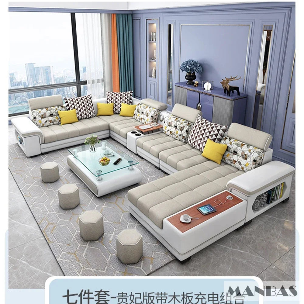 Big U-Shape Coth Living Room Sofa Sets with USB, Speaker, Stools,Bluetooth - Linlamlim Fabric Sectional Sofas for Home Furniture