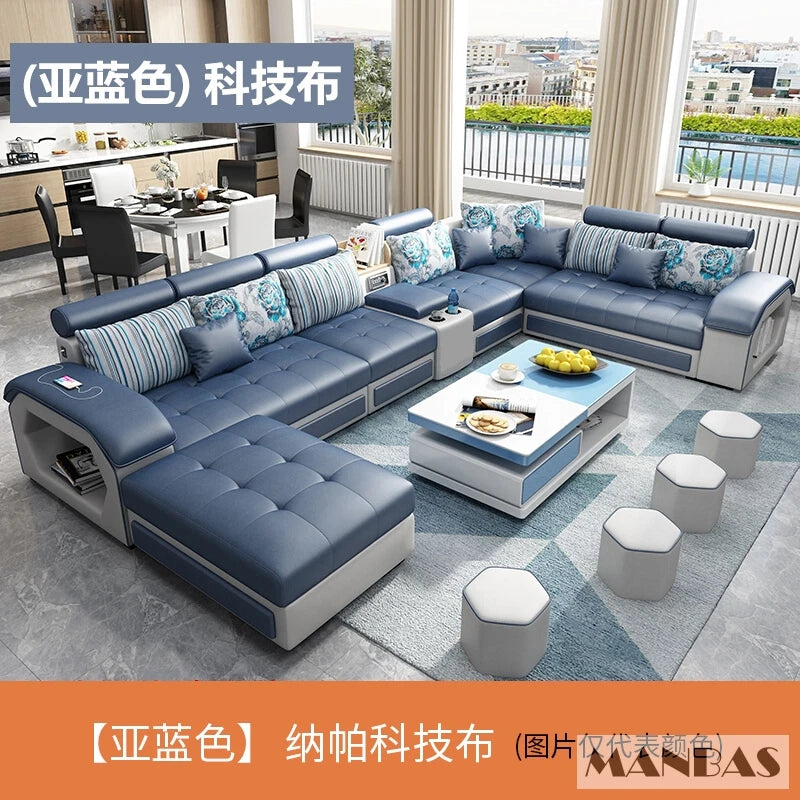 MINGDIBAO Fabric Sofa Set Furniture Living Room Sofa Set with USB and Stools / Big U Shape Cloth Couch Sofas for Home Furniture