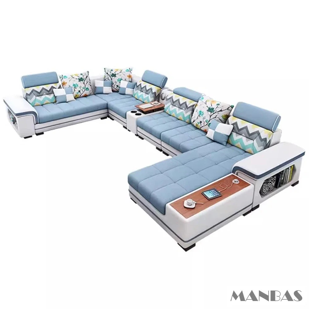 Big U-Shape Coth Living Room Sofa Sets with USB, Speaker, Stools,Bluetooth - Linlamlim Fabric Sectional Sofas for Home Furniture