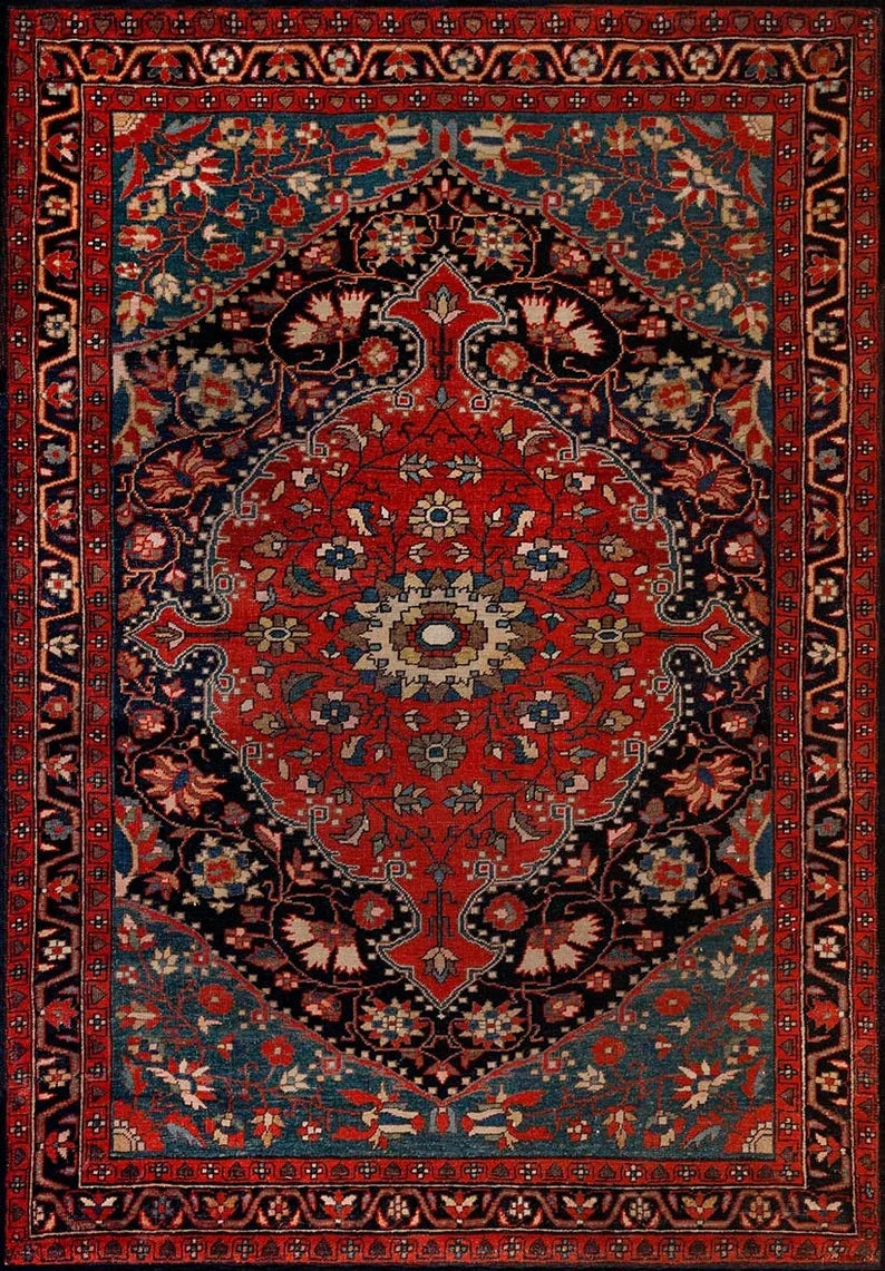 Oriental Medallion Red Area Rug Rustic Mid Century Modern Small Red Dark Blue Carpet Rugs for Living Room Bedroom Dining Room