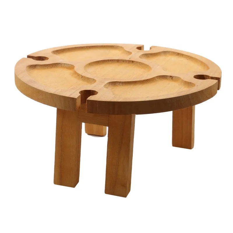 1Pc Wooden Round Foldable Tables Dried Fruit Tray With Wine Glass Holder For Outdoor Picnic Garden Party Fruit Snack Pastry Tray
