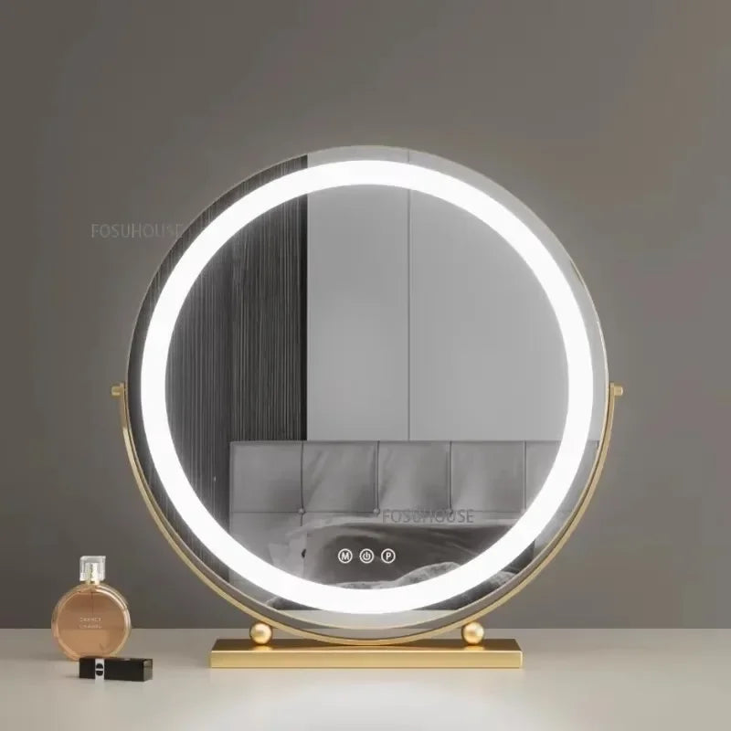 Modern Bedroom Dressing Table Round Mirrors Light Luxury Makeup Mirror with LED Light Desktop Fill Light Charging Smart Mirror