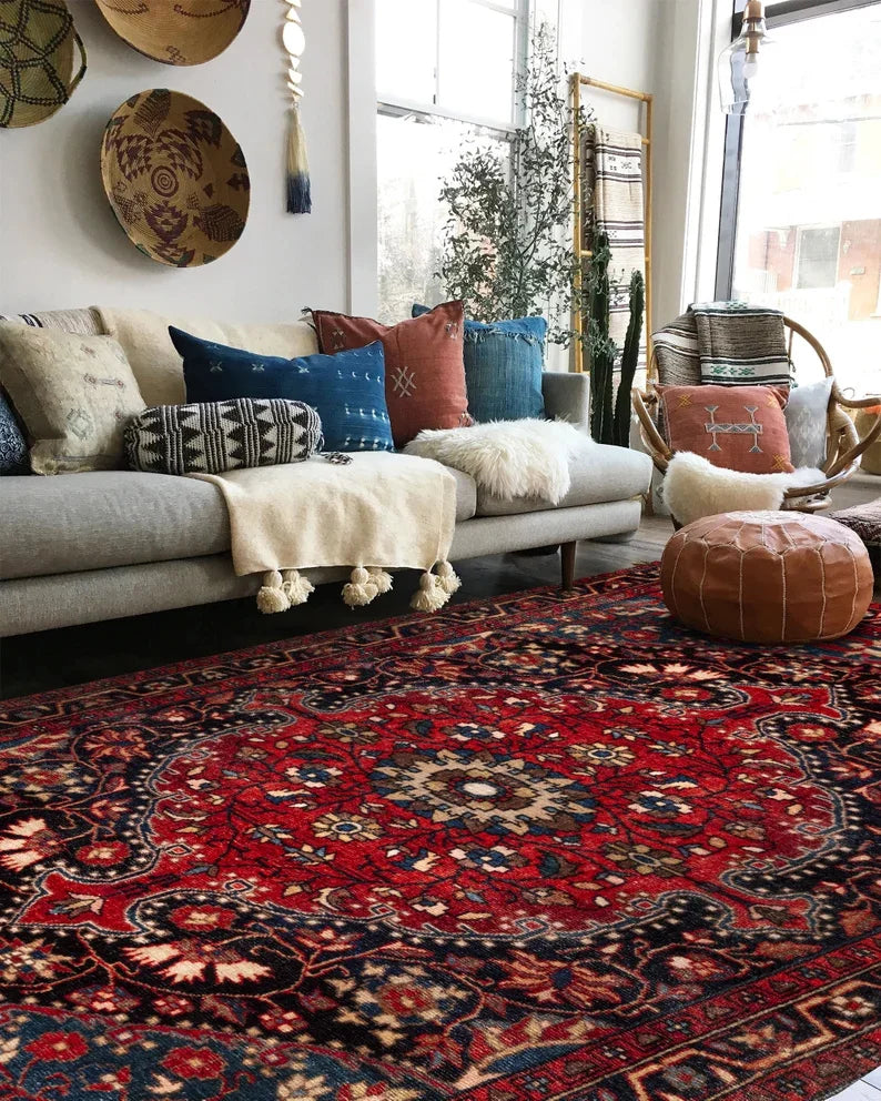 Oriental Medallion Red Area Rug Rustic Mid Century Modern Small Red Dark Blue Carpet Rugs for Living Room Bedroom Dining Room