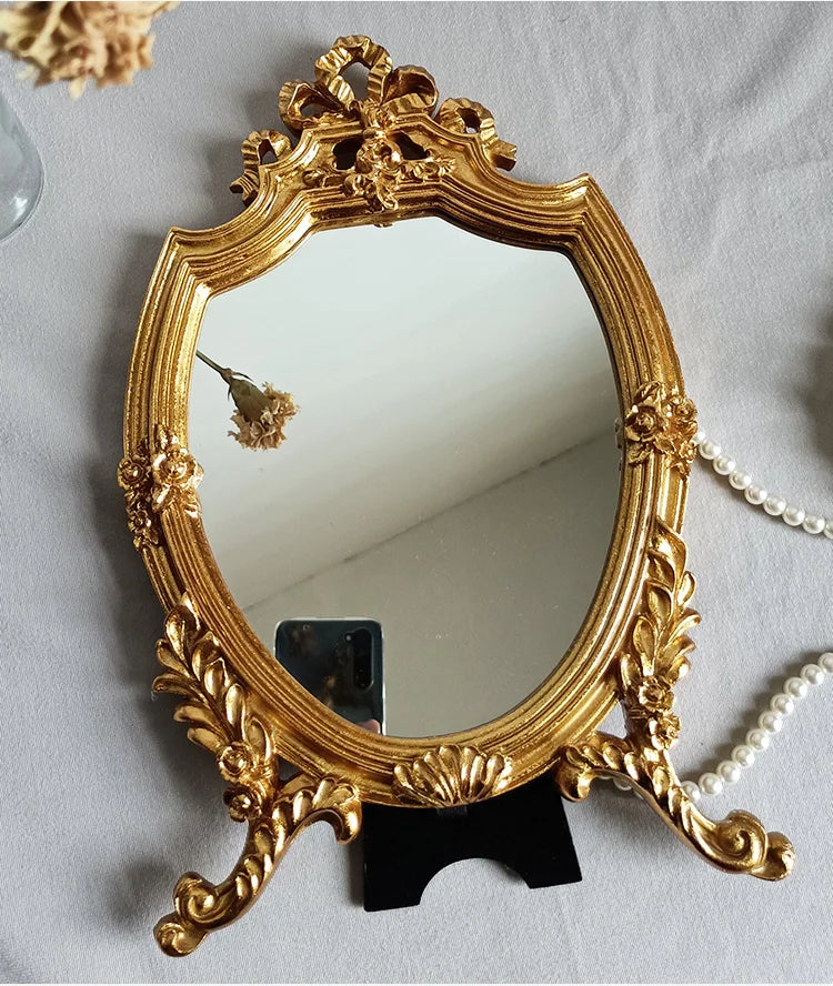European Style Makeup Mirror Desktop Creative Single-sided Golden Carved Retro Resin Mirror Living Room Wall Decoration Mirror