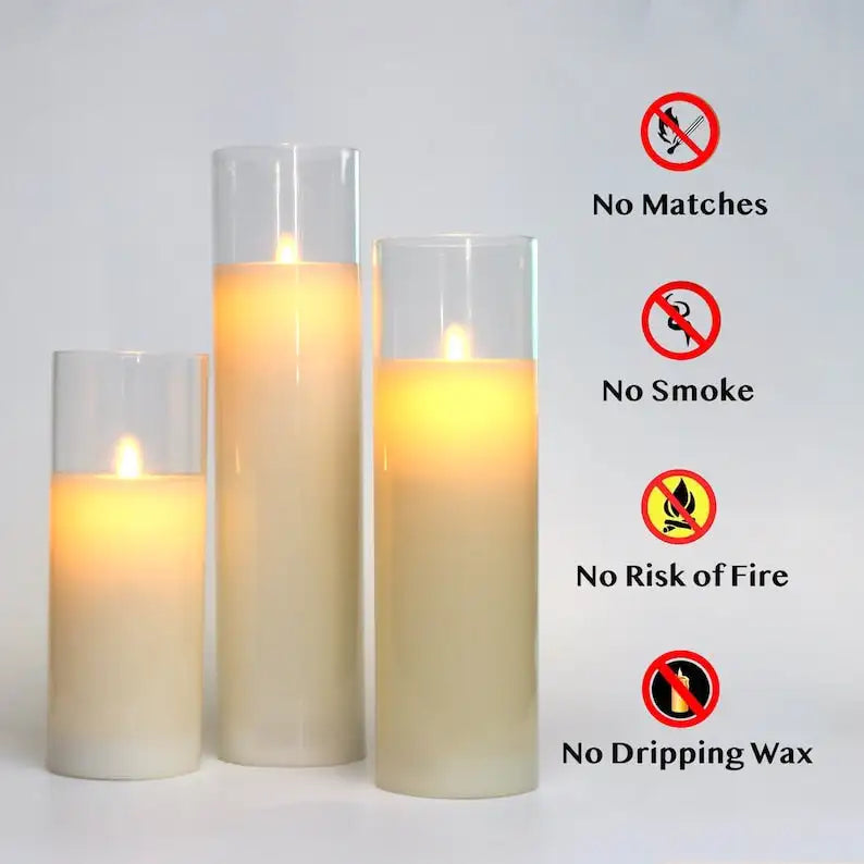 LED Candles with Remote Control Cycling Timer 8" 10" 12" Glass Flameless Candles Battery Operated Real Wax Pillars Glass