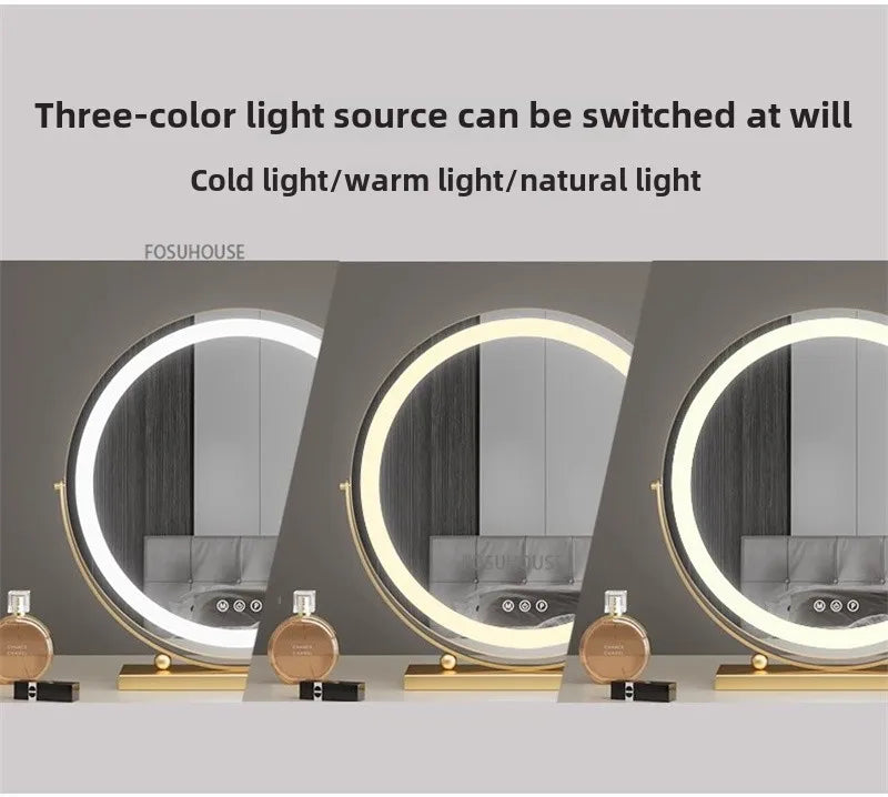 Modern Bedroom Dressing Table Round Mirrors Light Luxury Makeup Mirror with LED Light Desktop Fill Light Charging Smart Mirror
