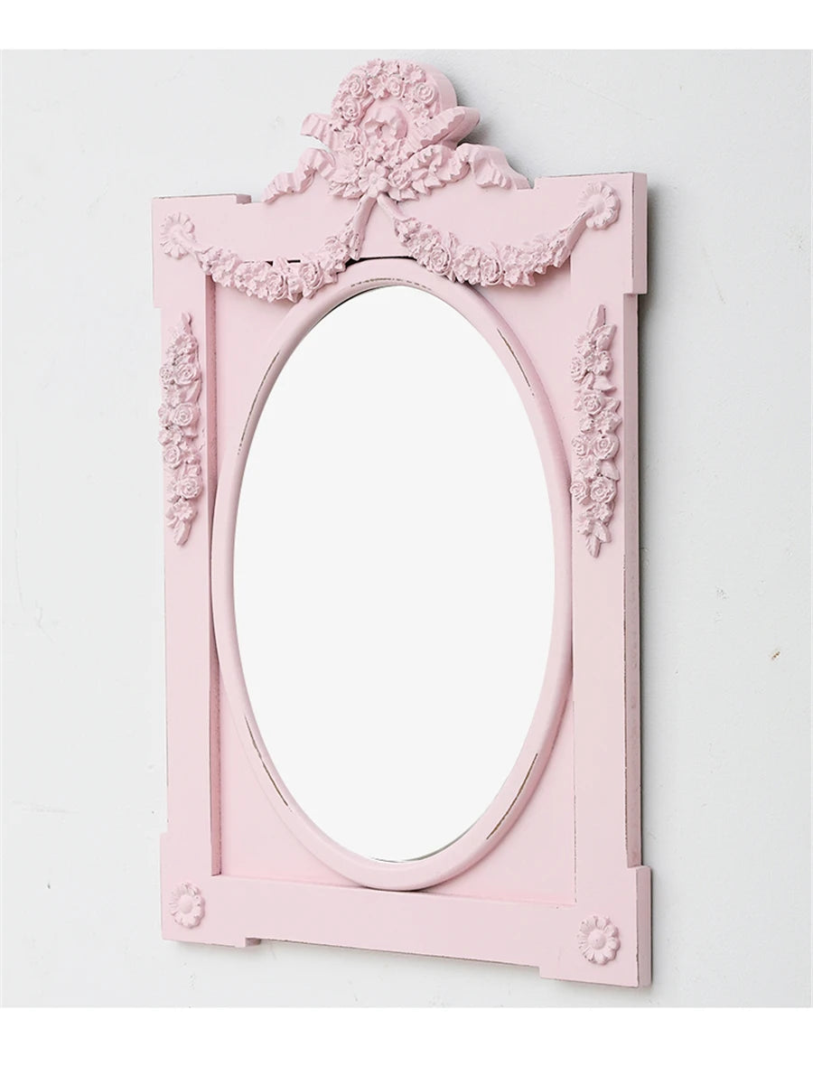 French Retro Makeup Mirror Dressing Table Pink Princess Decorative Mirror Wooden Resin Hand-carved Wall Mirror Wall Home Decor