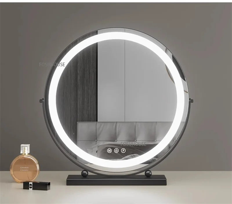 Modern Bedroom Dressing Table Round Mirrors Light Luxury Makeup Mirror with LED Light Desktop Fill Light Charging Smart Mirror