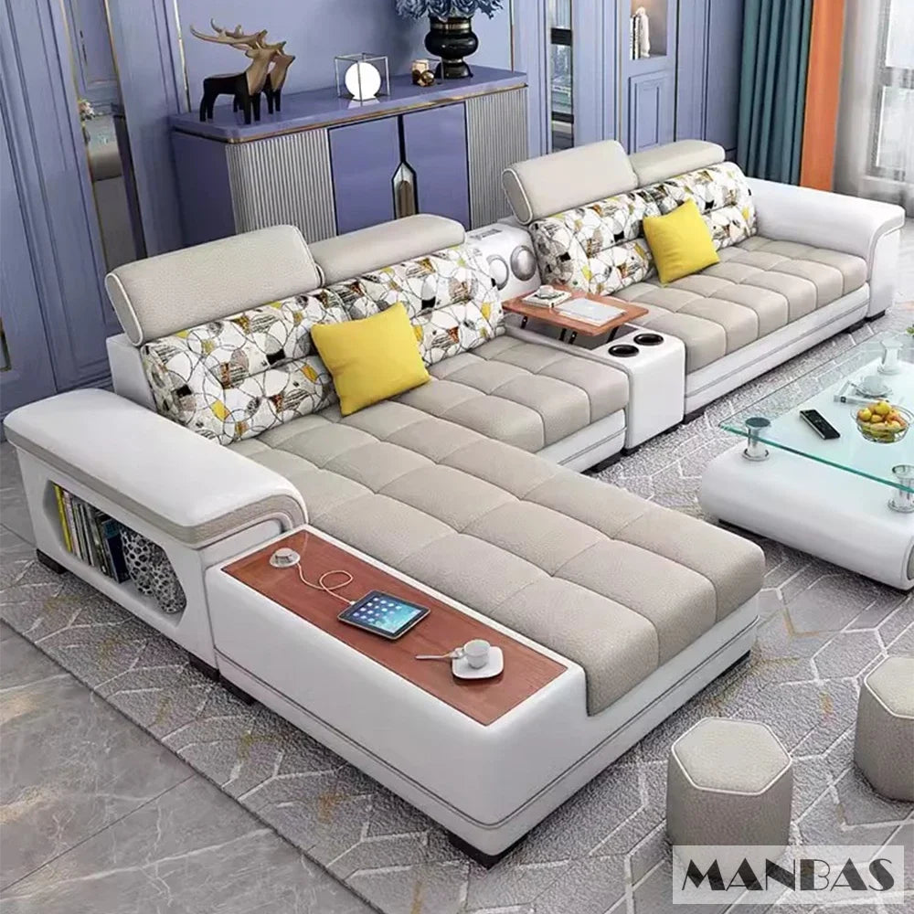 Big U-Shape Coth Living Room Sofa Sets with USB, Speaker, Stools,Bluetooth - Linlamlim Fabric Sectional Sofas for Home Furniture