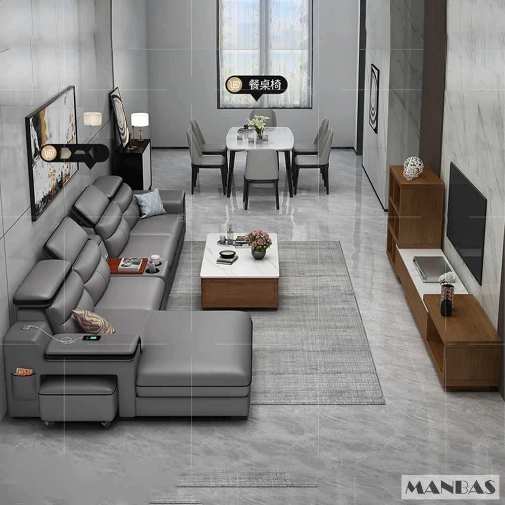 MINGDIBAO Leather Sectional Sofa Set with Cup Holder, USB, Adjustable Headrests & Bluetooth Speaker Living Room Couch with Stool