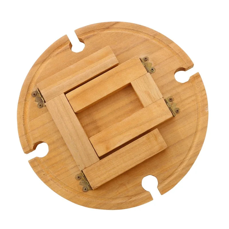 1Pc Wooden Round Foldable Tables Dried Fruit Tray With Wine Glass Holder For Outdoor Picnic Garden Party Fruit Snack Pastry Tray