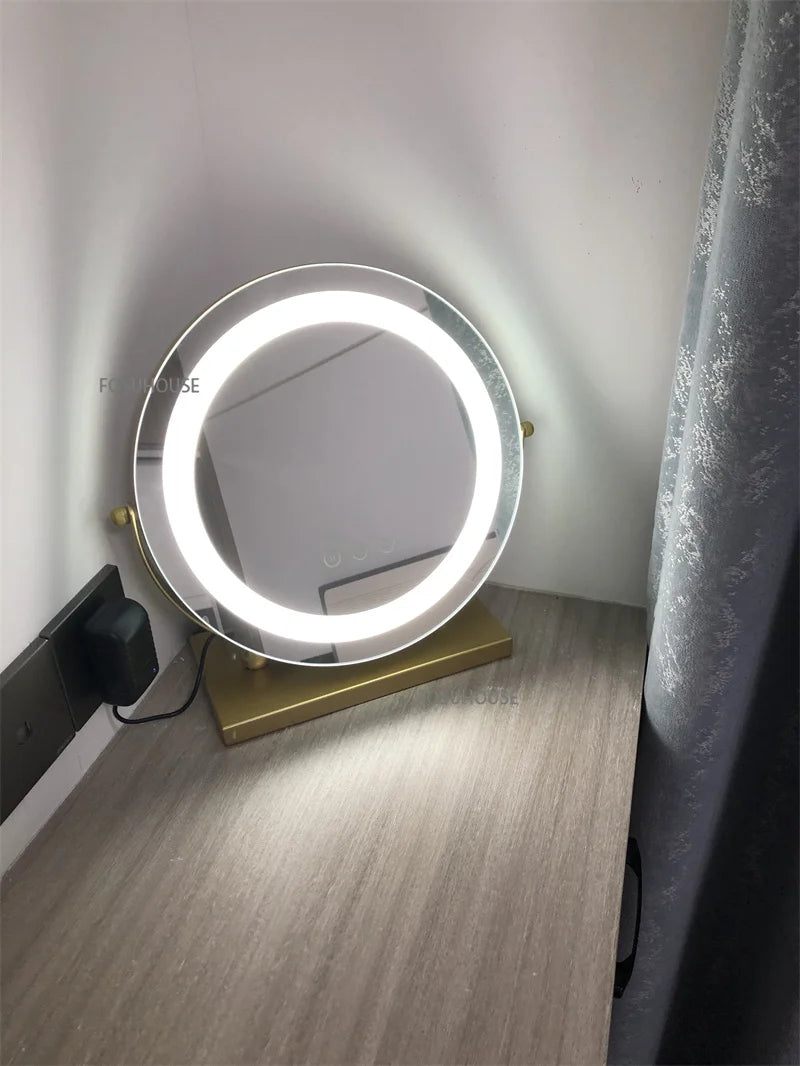 Modern Bedroom Dressing Table Round Mirrors Light Luxury Makeup Mirror with LED Light Desktop Fill Light Charging Smart Mirror