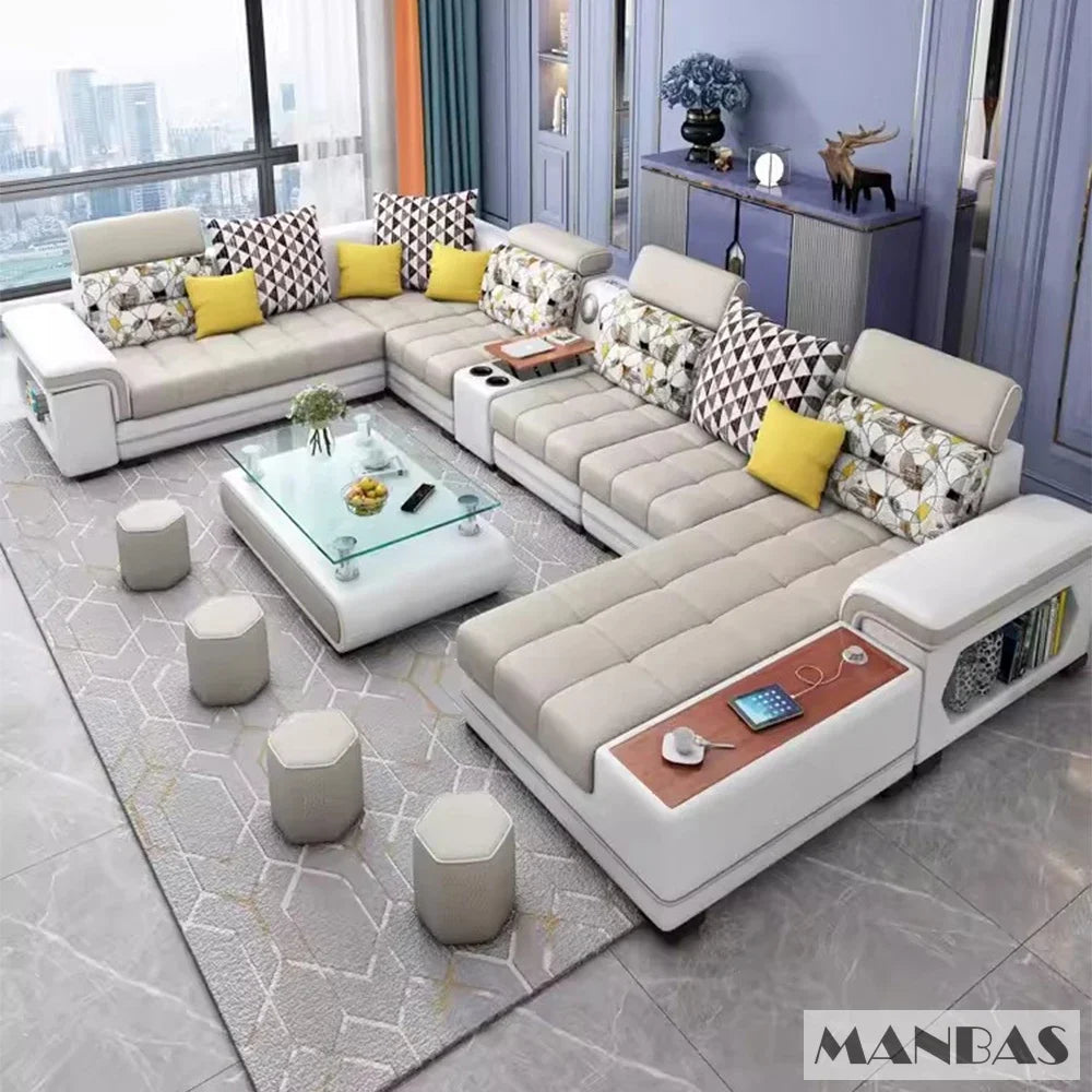 Big U-Shape Coth Living Room Sofa Sets with USB, Speaker, Stools,Bluetooth - Linlamlim Fabric Sectional Sofas for Home Furniture