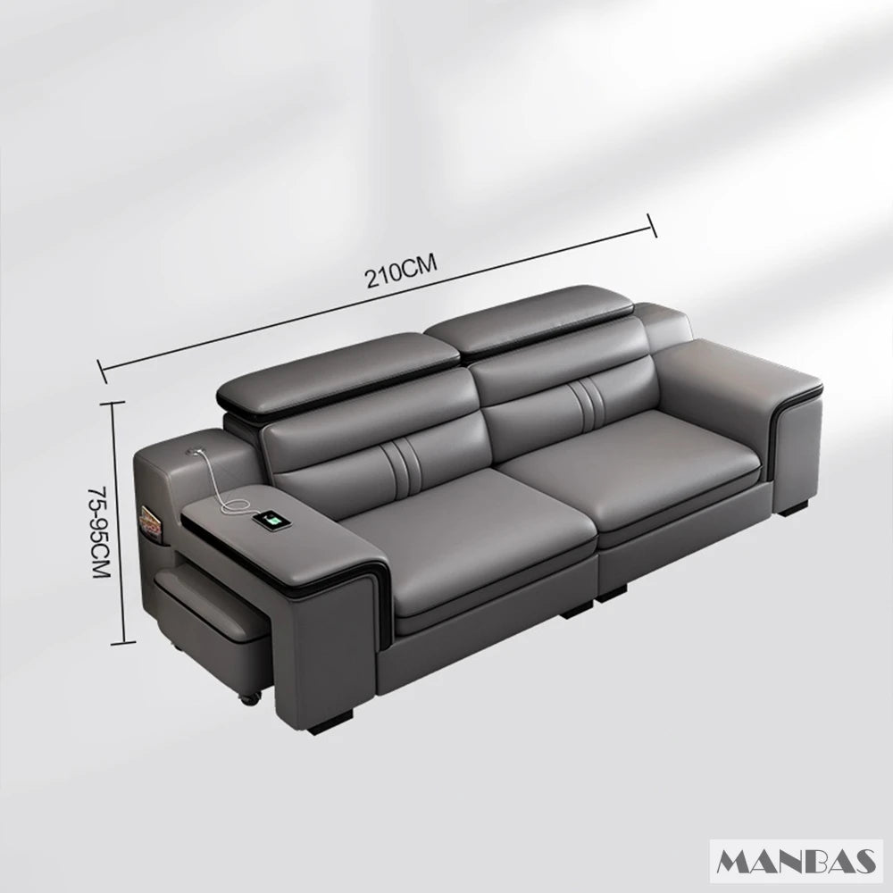 MINGDIBAO Leather Sectional Sofa Set with Cup Holder, USB, Adjustable Headrests & Bluetooth Speaker Living Room Couch with Stool