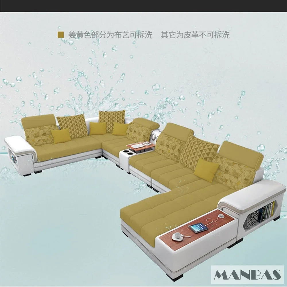Big U-Shape Coth Living Room Sofa Sets with USB, Speaker, Stools,Bluetooth - Linlamlim Fabric Sectional Sofas for Home Furniture