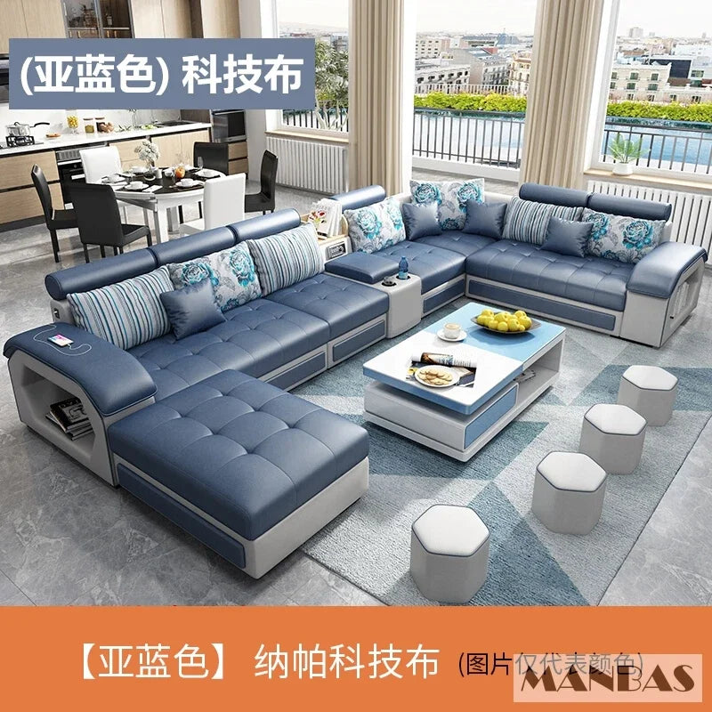 Linlamim Fabric Sofa Set Furniture Living Room Sofa Set with USB and Stools / Big U Shape Cloth Couch Sofas for Home Furniture