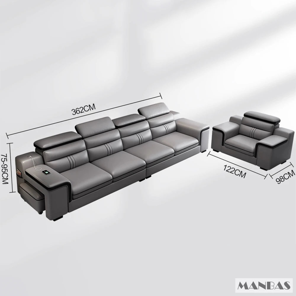 MINGDIBAO Leather Sectional Sofa Set with Cup Holder, USB, Adjustable Headrests & Bluetooth Speaker Living Room Couch with Stool