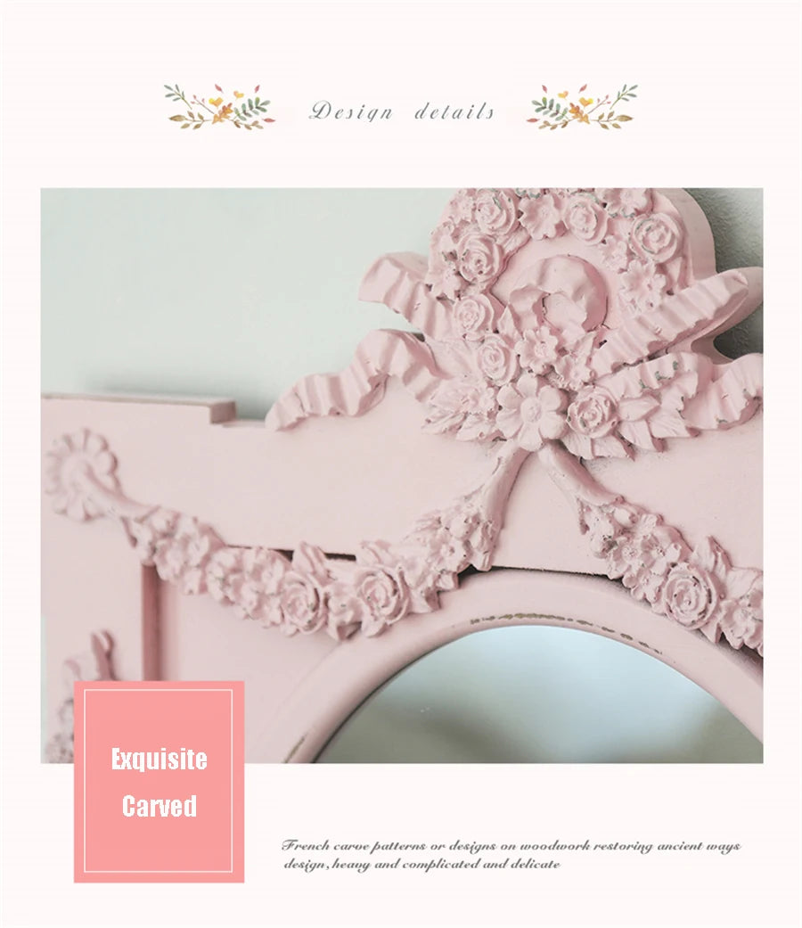 French Retro Makeup Mirror Dressing Table Pink Princess Decorative Mirror Wooden Resin Hand-carved Wall Mirror Wall Home Decor