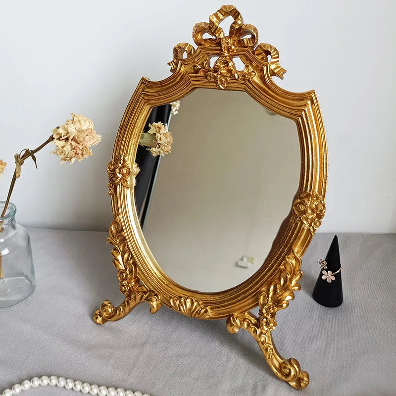 European Style Makeup Mirror Desktop Creative Single-sided Golden Carved Retro Resin Mirror Living Room Wall Decoration Mirror