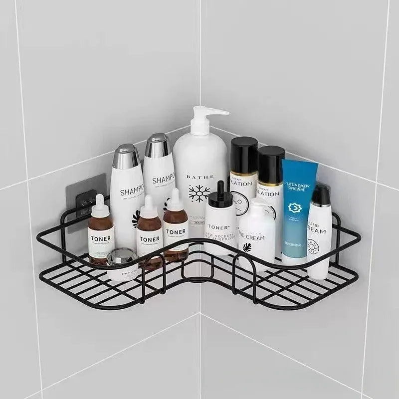 Corner StoraBathroom Organizer Shelf Wall Mounted Corner Storage Shelves Shampoo Holder Cosmetic Rack Iron Shower Drain Basket