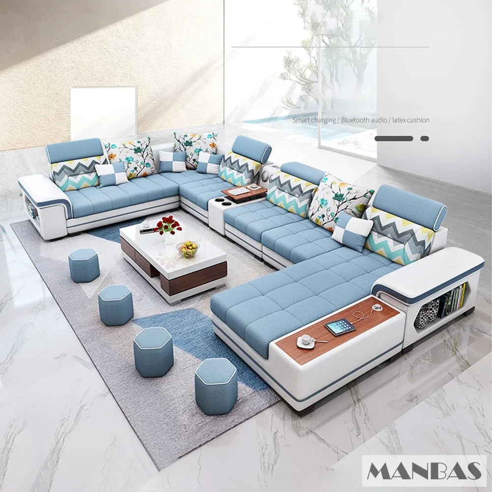 Big U-Shape Coth Living Room Sofa Sets with USB, Speaker, Stools,Bluetooth - Linlamlim Fabric Sectional Sofas for Home Furniture